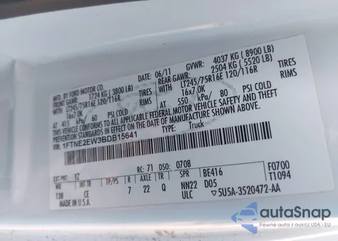 2011 Ford E-250 Commercial из США, поврежденный, VIN 1FTNE2EW3BDB15641